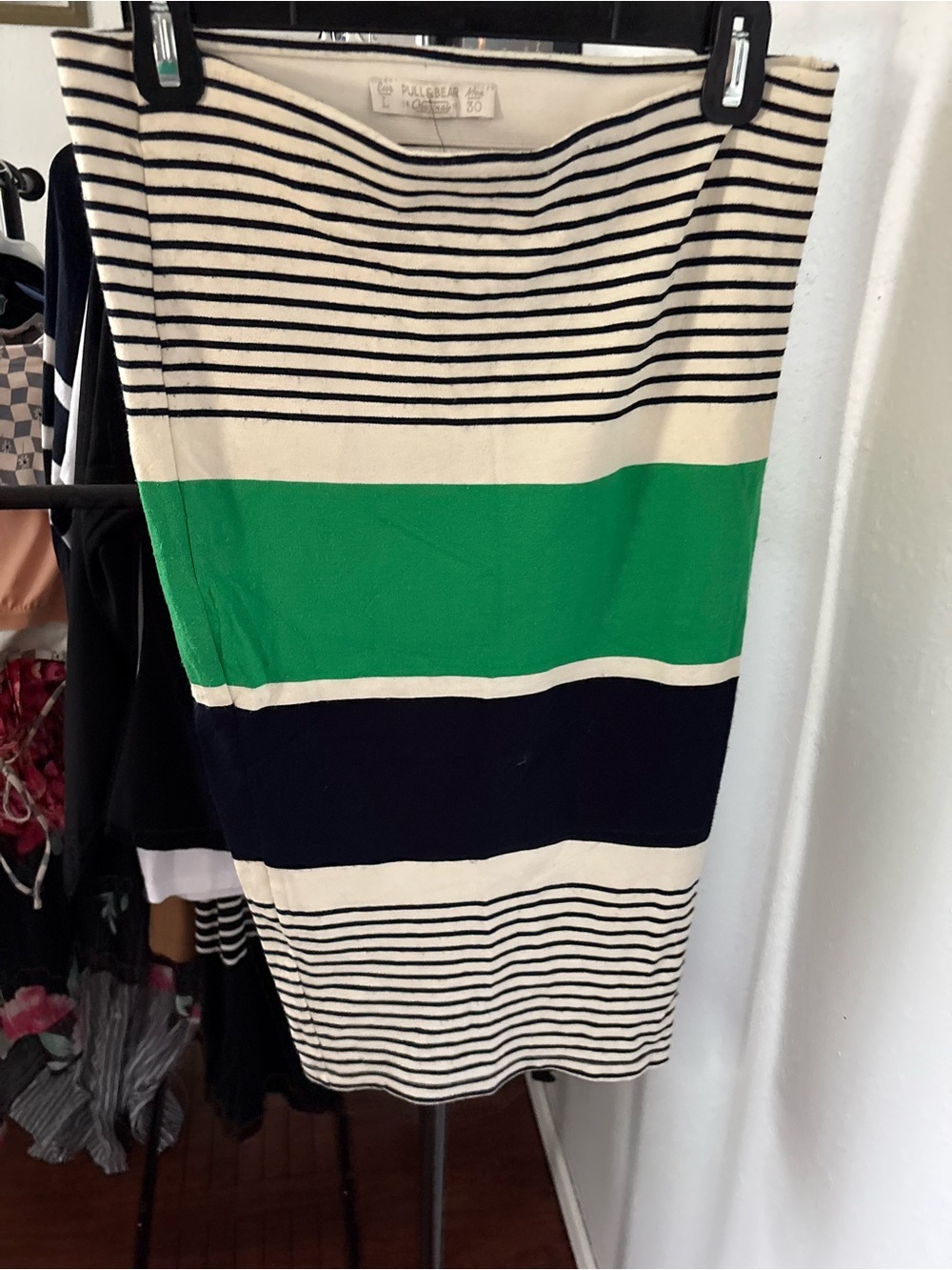 Pull&Bear Cream, Green and Navy Striped Pencil Skirt